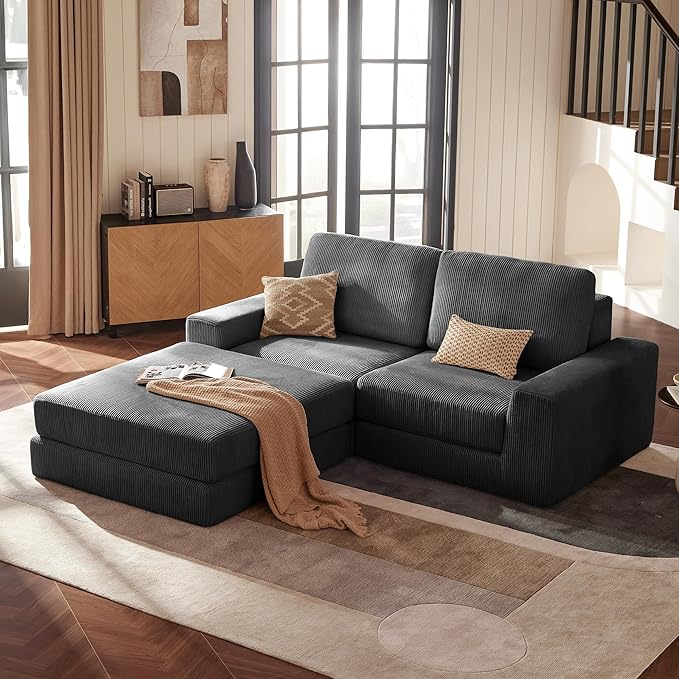 Cloud Couch Sectional, Oversized Boneless Couch Sofa with Deep Seat, Corduroy Comfy Cloud Modular Loveseat Sofa with Ottoman, Sectional Couches for Living Room No Assembly Required (Grey)