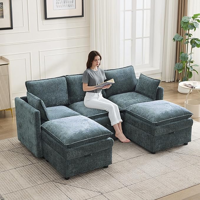 80" Cloud Modular 3 Seater Sofa with 2 Storage Ottoman, Modern Upholstered Storage Sofa Couch Deep Seat, U Shape Sectional Sofa Chenille Comfy Couch with Armrests for Living Room, Small Space, Blue | Modular Sofa, Storage Ottoman, Upholstered Sofa, Sec...