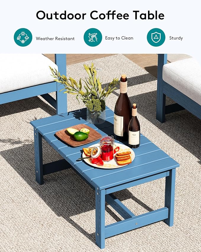 SERWALL 5 Pieces HDPE Outdoor Sofa Set with Cushions, All Weather Use Patio Conversation Couch Loveseat Furniture with Coffee Table for Balcony, Deck, Poolside, Blue Frame with Khaki Cushions