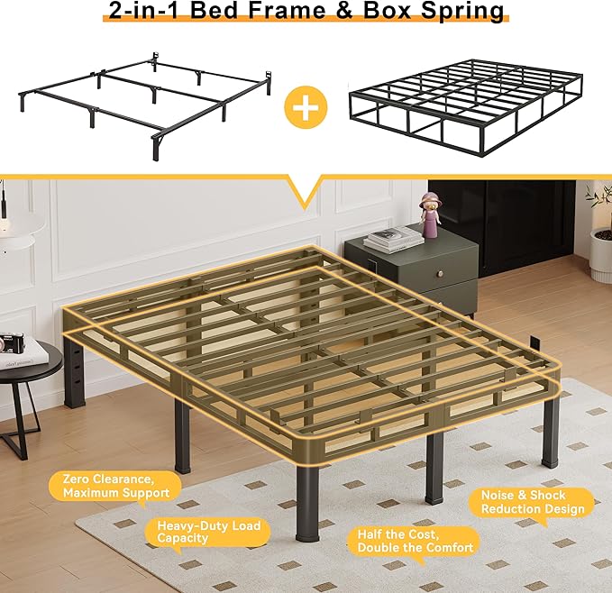 14 Inch Cal King Bed Frame, Metal Double Layer Steel 4000 lbs Capacity, Platform with Large Under Bed Storage Space, No Box Spring Needed, Noise-Free, Easy Assembly