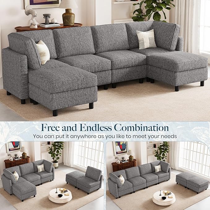Belffin 110.2" Modular Sectional Sofa 6 Seats U Shaped Couch Washable Sectional Couches for Living Room Comfy Couches with Storage Seat Couch Sofas with Chaise,Grey