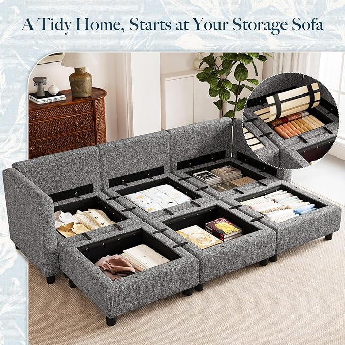Belffin 84.3" Modular Sectional Sofa 6 Seats Sleeper Sofa Washable Sectional Couches for Living Room Comfy Couches with Storage Seat Couch Sofas with Chaise,Grey
