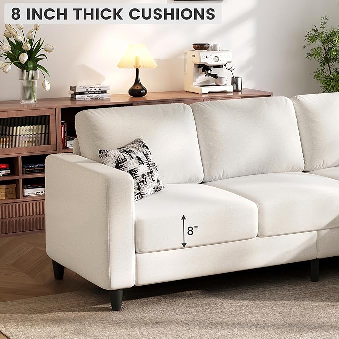 73" Sectional Sofa Couch for Living Room, Beige Convertible L Shaped Sofa with Reversible Ottoman, 8" Extra Thick High-Density Cushions, Modern Linen Fabric 3 Seater Sofa for Small Space