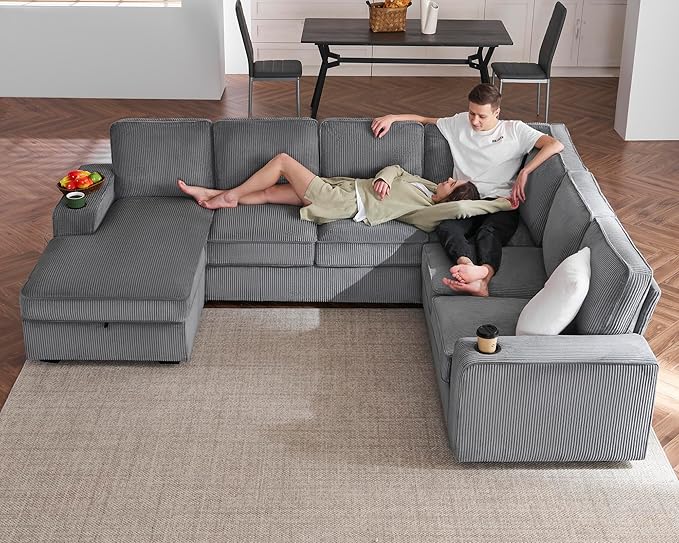 PaPaJet Oversized Sofa, 112 inch U Shaped Sofa with USB Ports, Sectional Couch with Storage Chaise, Corduroy Grey