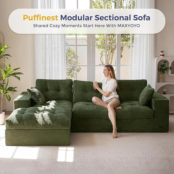 MAXYOYO 104" L Shaped Modular Sectional Sofa with Ottoman, Cloud Boneless Couch with Layered Cushion, Upholstered Sofa in a Box, Flexible Module Combination for Living Room, No Assembly, Dark Green