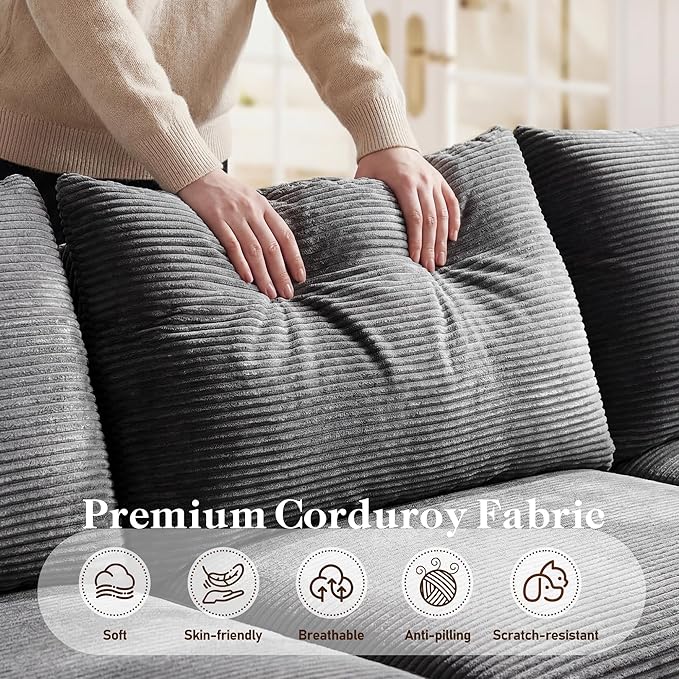 97" L-Shaped Boneless Modular Cloud Couch, Comfy Corduroy Sectional Sofa with Deep Seat and Right Facing Chaise, Flexible Module Combination for Living Room, No Assembly Required (Grey)