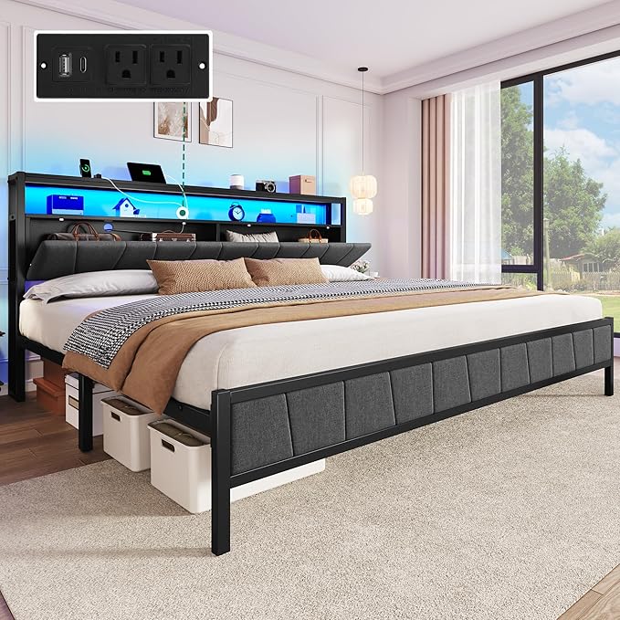 YITAHOME King Bed Frame with Storage Headboard, LED Upholstered Platform Bed with Charging Station, Metal Slats, No Box Spring Needed, Easy Assembly - Gray