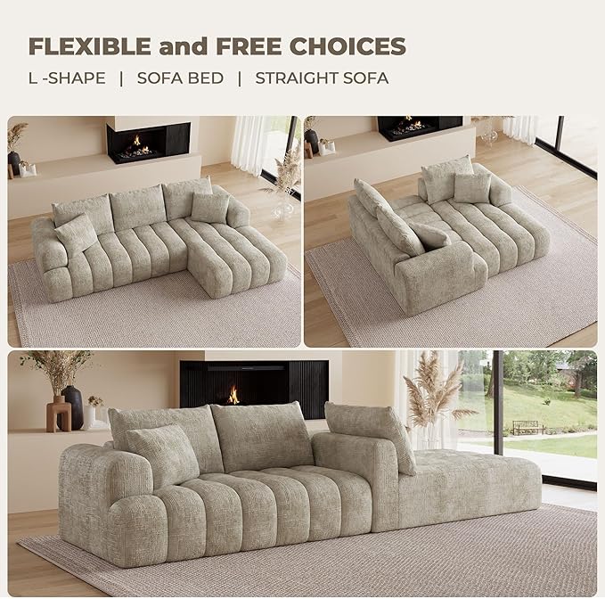 108" Cloud Sectional Couches for Living Room, Boneless L-Shaped Sofa with Pillow 3 Seater Modular Sectional Sofa (Khaki)