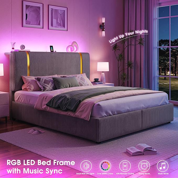 Homkdom Queen Bed Frame with 6 Storage Drawers, Upholstered Bed Frame Queen Size with Corduroy Headboard, LED Light & Charging Station, No Box Spring Needed, All Metal Slats, Grey