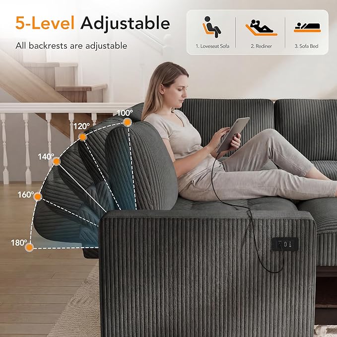 Vipbear Pull Out Sofa Bed Sectional Sleeper Sofa with Reclining Backrest & Storage, Plush Pullout Modular Sectional Couches with USB Charging, L Shaped Convertible Couch Bed for Apartment, Grey | Breathable material, Tool-Free Assembly