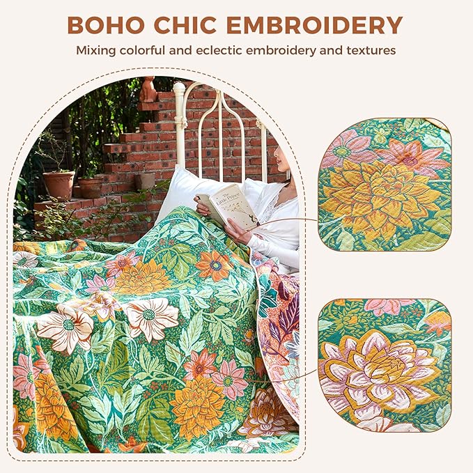 LUTBM Boho Throw Blanket for Bed Cotton Spring Blankets Bedroom Living Room Twin All Season Lightweight Floral Embroidery Quilt for Couch Sofa Chair 60"x80"