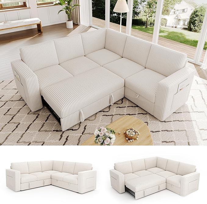 83.5" Sectional Sleeper Sofa with Pull Out Couch, Modern 5 Seat L Shaped Modular Couch, Sectionals Modular Sofa with Storage, Comfy Corduroy Couches Sectional for Living Room & Apartment, Beige