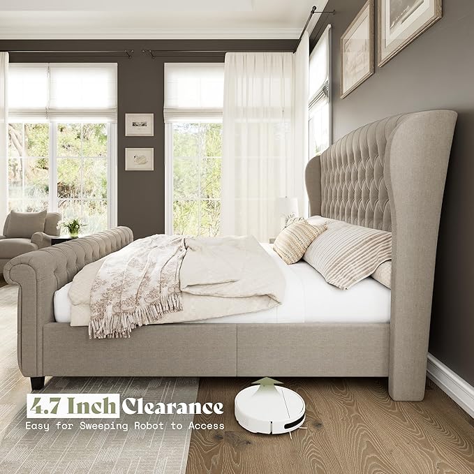 AMERLIFE California King Size Platform Bed Frame, Linen Upholstered Sleigh Bed with Scroll Wingback Headboard & Footboard/Button Tufted/No Box Spring Required/Khaki