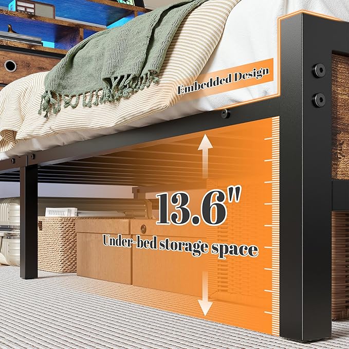 Homkdom King Bed Frame with 2-Tier Storage Headboard and 4 Drawers,Metal Platform Bed Frame with LED Lights & Charging Station,King Size Bed Frame 1100LB-Heavy Duty,No Noise,Rustic Brown