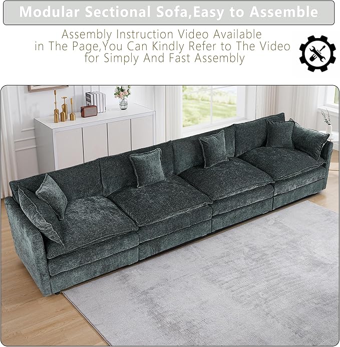 Setawix Chenille Cloud Couches for Living Room,4 Seater Cloud Sofa Couch with Deep Seat,147.22" Roomy Cloud Sofas,Modular Sectional 4 Seat Sofa with Pillows for Bedroom (Grey, 4 Seater)