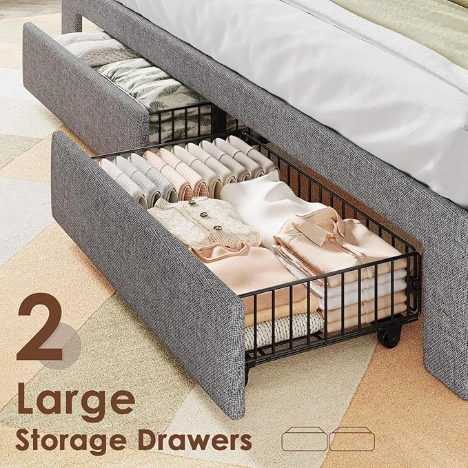 Driftalia Queen Bed Frame with 2-Tier Storage Headboard, Upholstered Bed Frame Queen Size with 2 Drawers, Charging Station and LED Lights, No Box Spring Needed, Easy Assembly - Light Grey