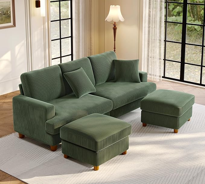 87.2" Couches for Living Room, Comfy U Shaped Couch Green 7.5" Thicker Cushion, Sofas for Living Room Tool-Free Setup, Loveseat with Ottoman 848lbs Support, Corduroy Couch for Bedroom, Office