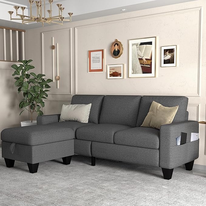 ZeeFu Couch for Living Room - 78'' Beige Linen 3 Seat L-Shaped Sectional Sofa Couches with Storage Ottoman - Modern Small Space Upholstered Furniture Sofa Set for Office Small Space Apartment