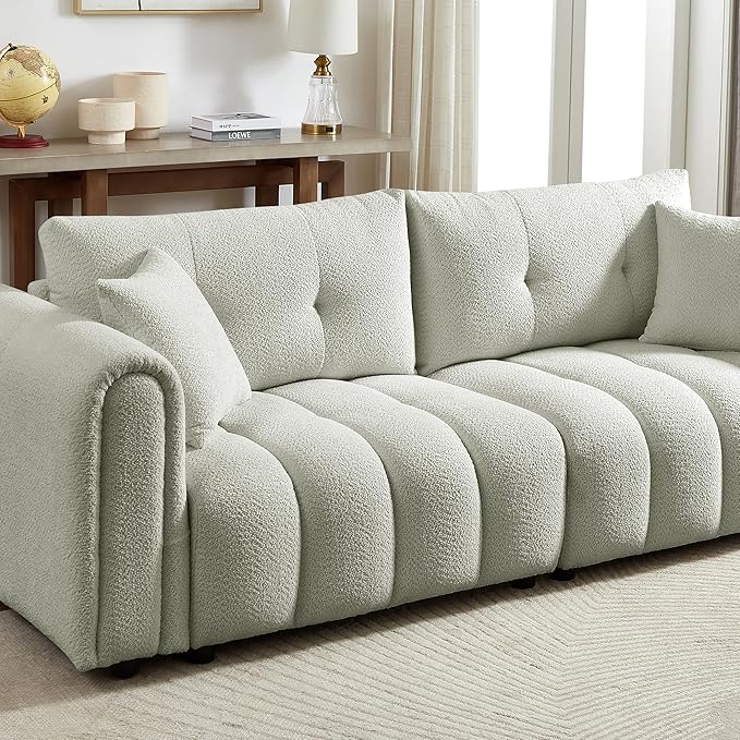 91.5" W Cloud Boucle Sofa for Living Room, Modern Comfy Boucle Couch with Rolled Arms and Soft Pillows, Cozy Teddy Oversized Loveseat for Apartment, Studio, Bedroom, Sage Green