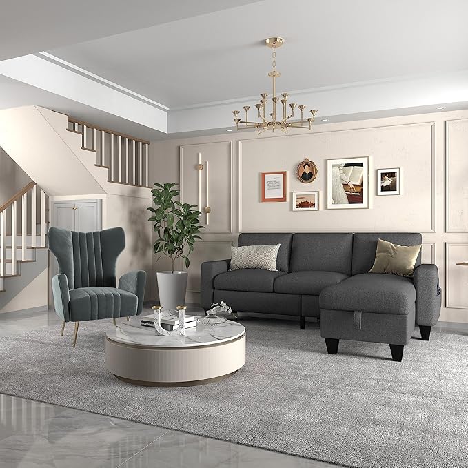 ZeeFu Couch for Living Room - 78'' Beige Linen 3 Seat L-Shaped Sectional Sofa Couches with Storage Ottoman - Modern Small Space Upholstered Furniture Sofa Set for Office Small Space Apartment