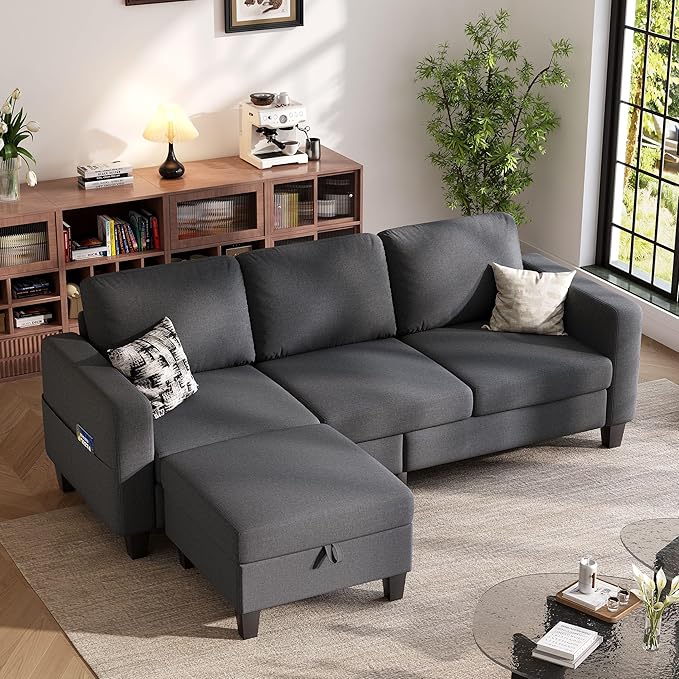Sectional Sofa and Couches for Living Room, 78'' Dark Grey 3 Seat L-Shaped Couch with Movable Ottoman, Comfy Linen Convertible Sectionals Sofas with Chaise for Apartment, Dorm, Small Space