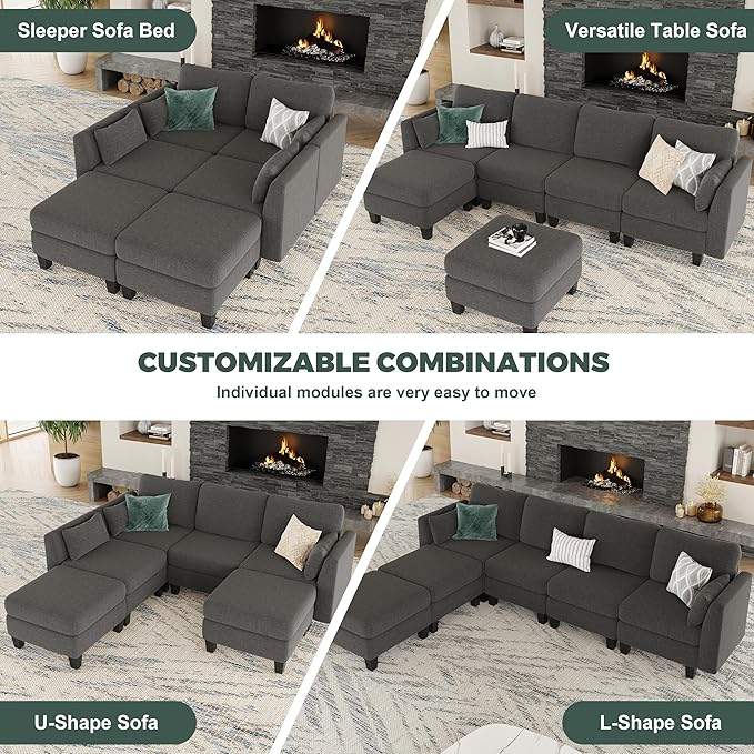 Modular Sectional Sofa, 6 Seaters Modular Sleeper Sofa Couch, Comfy Sectionals Couches Bed, Convertible Sofas with Ottomans, Sectional Couches for Living Room, Dark Grey