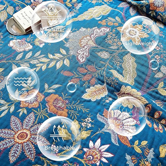 LUTBM Boho Throw Blanket for Couch Sofa Chair Cotton Spring Blankets for Bedroom Living Room All Season Lightweight Reversible Floral Embroidery Throws 50"x60"