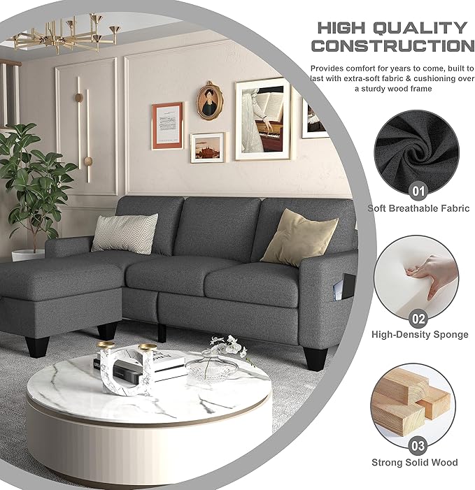 ZeeFu Couch for Living Room - 78'' Beige Linen 3 Seat L-Shaped Sectional Sofa Couches with Storage Ottoman - Modern Small Space Upholstered Furniture Sofa Set for Office Small Space Apartment
