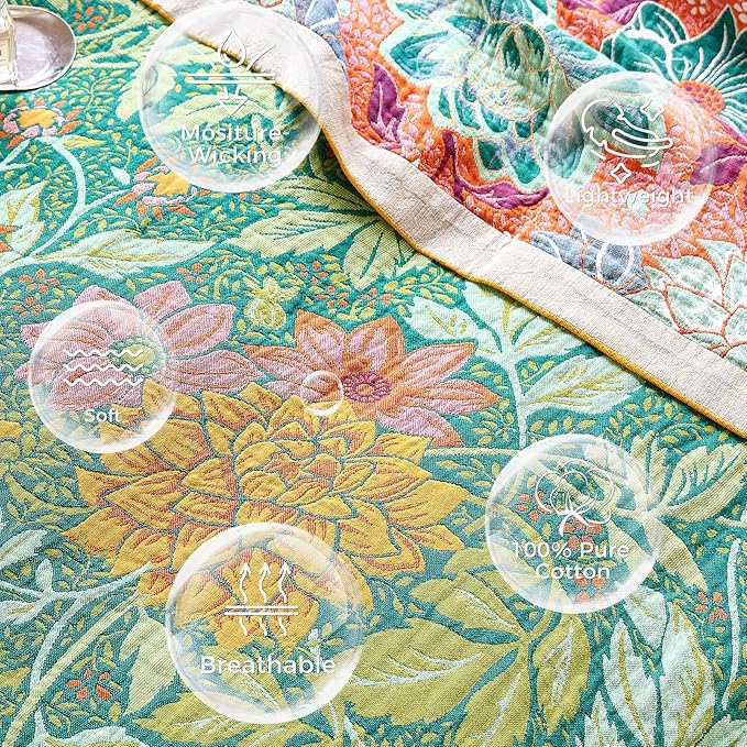 LUTBM Boho Throw Blanket for Bed Cotton Spring Blankets Bedroom Living Room Twin All Season Lightweight Floral Embroidery Quilt for Couch Sofa Chair 60"x80"