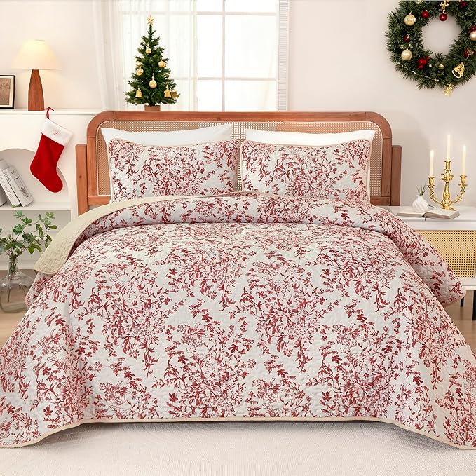 WONGS BEDDING Quilt King Size, Christmas Red Quilt Bedding Set with 2 Pillowcases, Botanical Quilt for King Bed, Soft Microfiber Lightweight Coverlet Bedspread for All Season (110"×90", 3 Pieces)