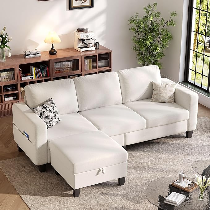 Sectional Sofa and Couches for Living Room, 78'' Beige 3 Seat L-Shaped Couch with Movable Ottoman, Comfy Linen Convertible Sectionals Sofas with Chaise for Apartment, Dorm, Small Space