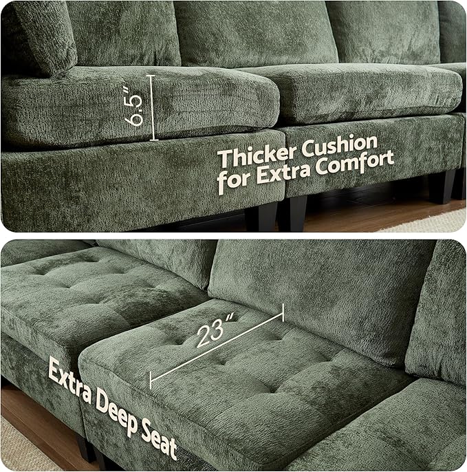 Luxe Oversized Modular Sectional Sofa，Modern Chenille Convertible Corner Couch，Comfy 5 Seater L-Shaped Sofas Sectional Cloud Couch for Living Room（Green，5-Seater）