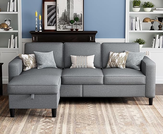 Sectional Sofas Couches for Living Room Convertible L Shaped Couch | Sofa with Ottoman, Washable Sofa Covers, 78" Small Couch, Grey Linen Fabric, 3 Seat Storage Couch