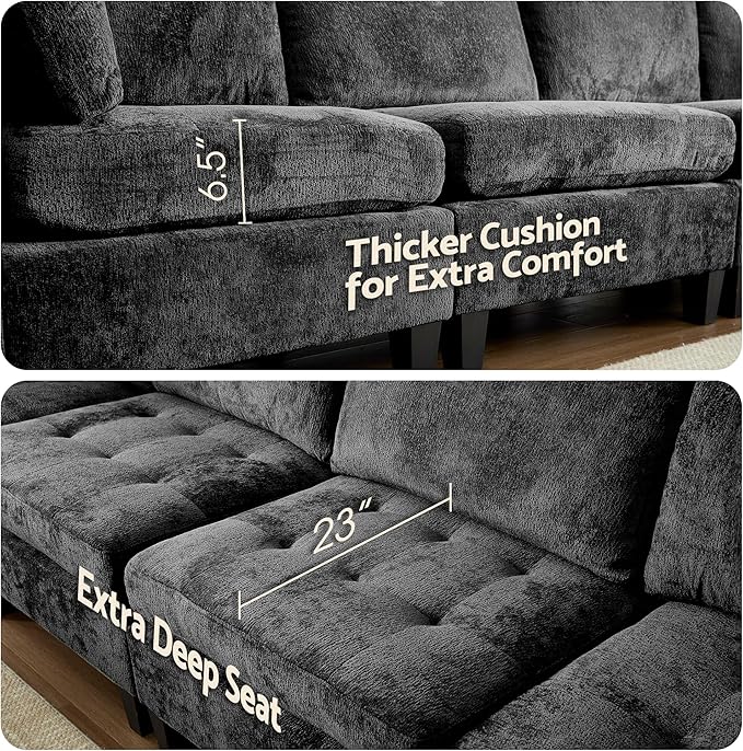 Luxe Oversized Modular Sectional Sofa, Modern Chenille Convertible Sleeper Sofa with Storage Ottoman, Comfy Deep Seat U-Shaped Cloud Couch for Living Room（Dark Grey，6-Seater + 2 * Ottoman + Tea Tray）