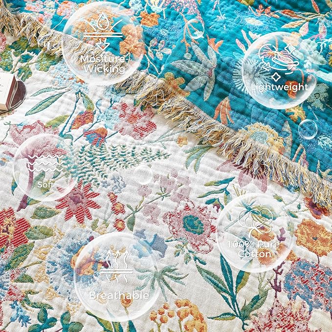 LUTBM Boho Throw Blanket for Bed Cotton Spring Blankets for Bedroom Living Room Twin All Season Lightweight Floral Embroidery Quilt for Couch Sofa Chair 60"x80"