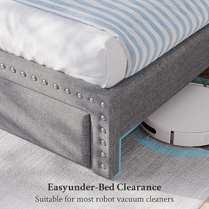 EnHomee Full Size Bed Frame, Upholstered Full Bed Frame with 2 Storage Drawers and 2-Tier Headboard, Vertical Tufted Headboard Design, Extra Storage Space for Bedroom Apartment, Grey