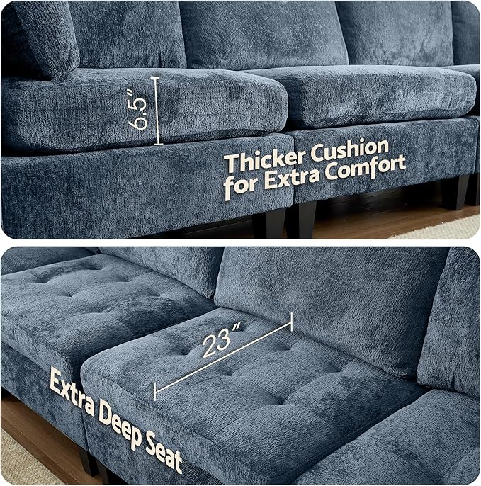 Luxe Oversized Modular Sectional Sofa, Modern Chenille Convertible Sleeper Sofa with Storage Ottoman, Comfy Deep Seat U-Shaped Cloud Couch for Living Room（Blue，6-Seater + 1*Ottoman）