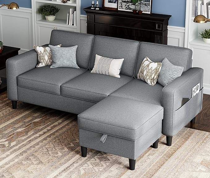 Sectional Sofas Couches for Living Room Convertible L Shaped Couch | Sofa with Ottoman, Washable Sofa Covers, 78" Small Couch, Grey Linen Fabric, 3 Seat Storage Couch