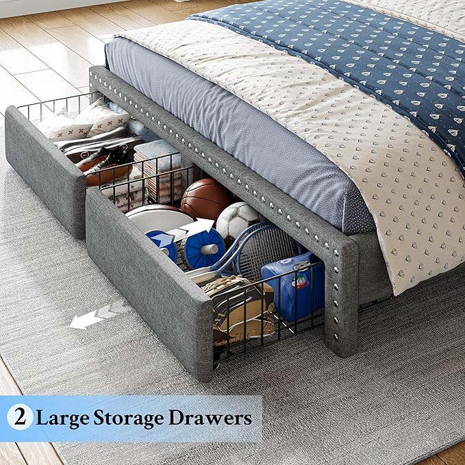 EnHomee Full Size Bed Frame, Upholstered Full Bed Frame with 2 Storage Drawers and 2-Tier Headboard, Vertical Tufted Headboard Design, Extra Storage Space for Bedroom Apartment, Grey