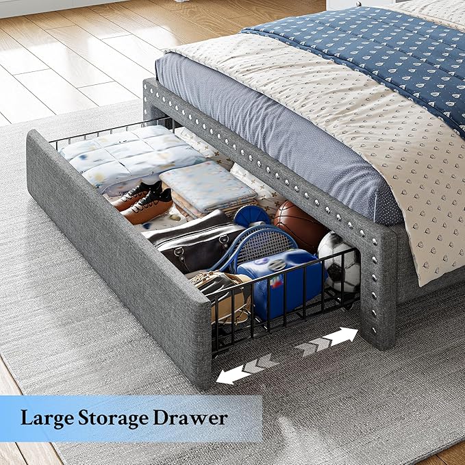 EnHomee Twin Bed Frame Upholstered Twin Bed with Storage Drawers and 2-Tier Vertical Tufted Headboard, Extra Storage Space for Bedroom Apartment, Grey