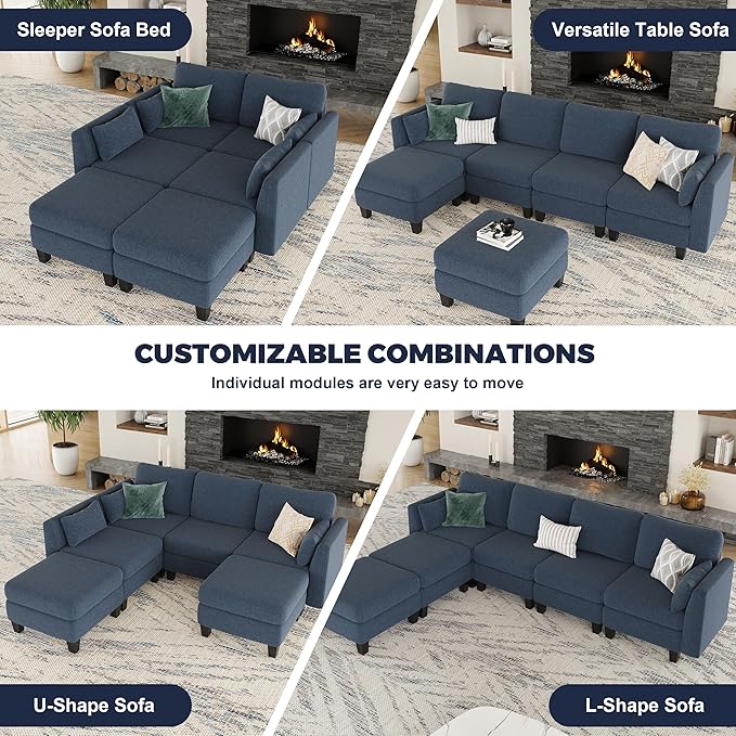 Modular Sectional Sofa, 6 Seaters Modular Sleeper Sofa Couch, Comfy Sectionals Couches Bed, Convertible Sofas with Ottomans, Sectional Couches for Living Room, Blue