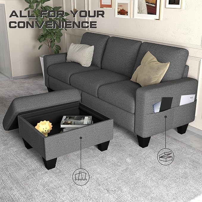 ZeeFu Couch for Living Room - 78'' Beige Linen 3 Seat L-Shaped Sectional Sofa Couches with Storage Ottoman - Modern Small Space Upholstered Furniture Sofa Set for Office Small Space Apartment