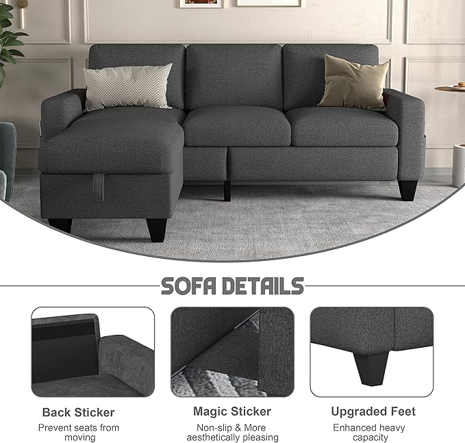 ZeeFu Couch for Living Room - 78'' Beige Linen 3 Seat L-Shaped Sectional Sofa Couches with Storage Ottoman - Modern Small Space Upholstered Furniture Sofa Set for Office Small Space Apartment