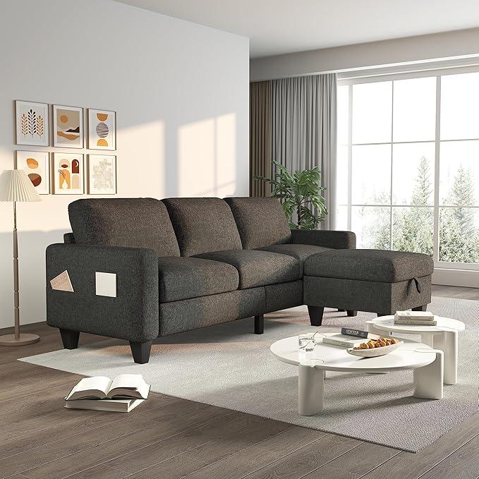 ZeeFu Couch for Living Room - 78'' Beige Linen 3 Seat L-Shaped Sectional Sofa Couches with Storage Ottoman - Modern Small Space Upholstered Furniture Sofa Set for Office Small Space Apartment