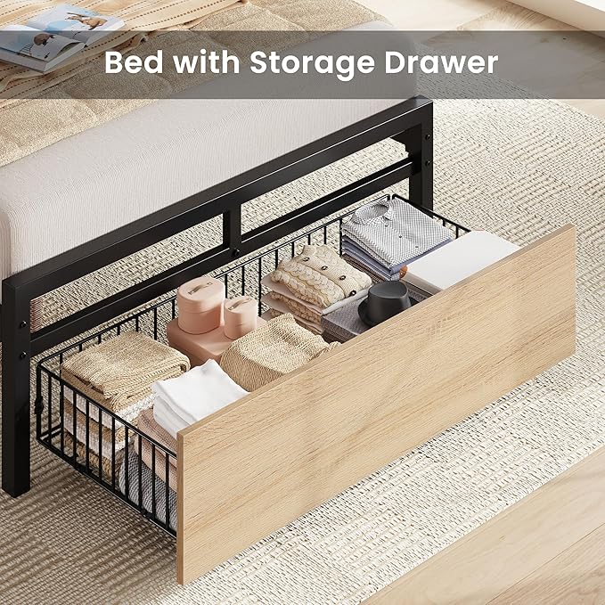 LIKIMIO Twin XL Bed Frames with Drawer, Storage Headboard with Outlets, No Box Spring Needed, Easy Assembly, Wood Color